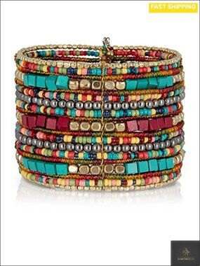 Boho Cuff Bracelet Adjustable Stackable Beaded Wood Glass Metal